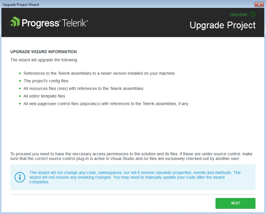 UI for ASP.NET MVC Upgrade Wizard Information page